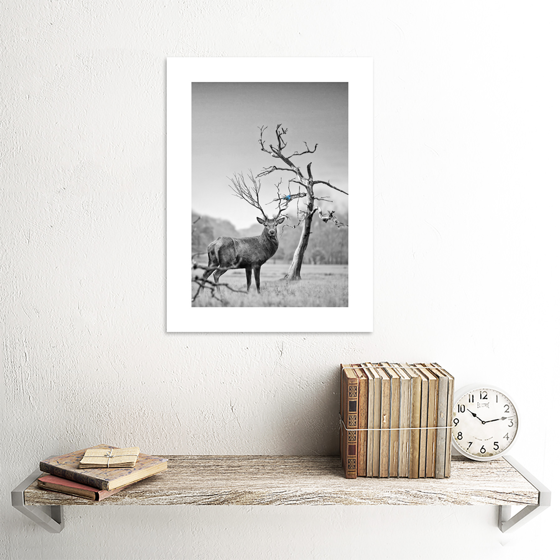 Deer with Blue Bird Framed Wall Art Print 12x16 Inch