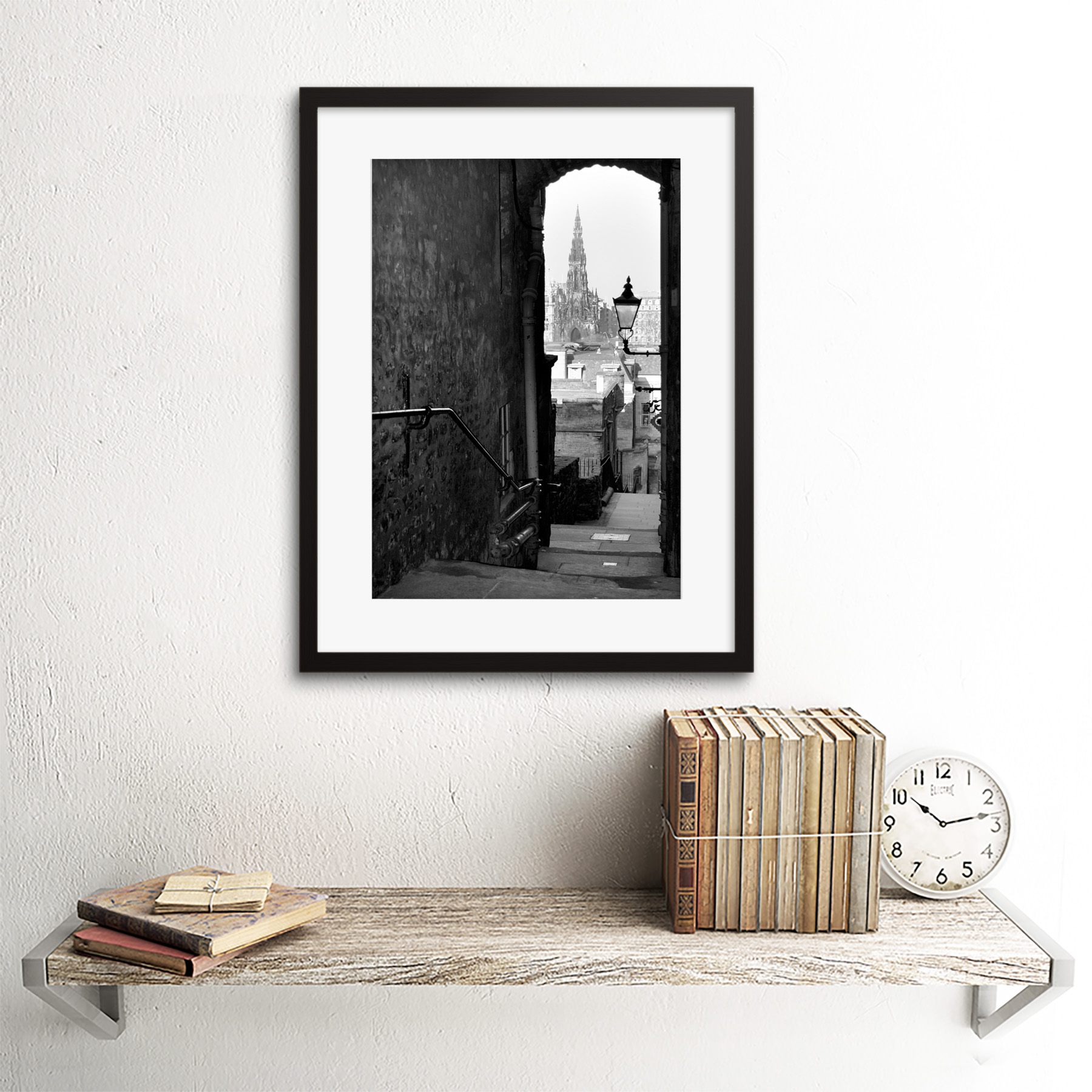 Foto Paisaje Urbano Edimburgo Milla Real Lane Negro Blanco enmarcado impresión 12x16 pulgadas