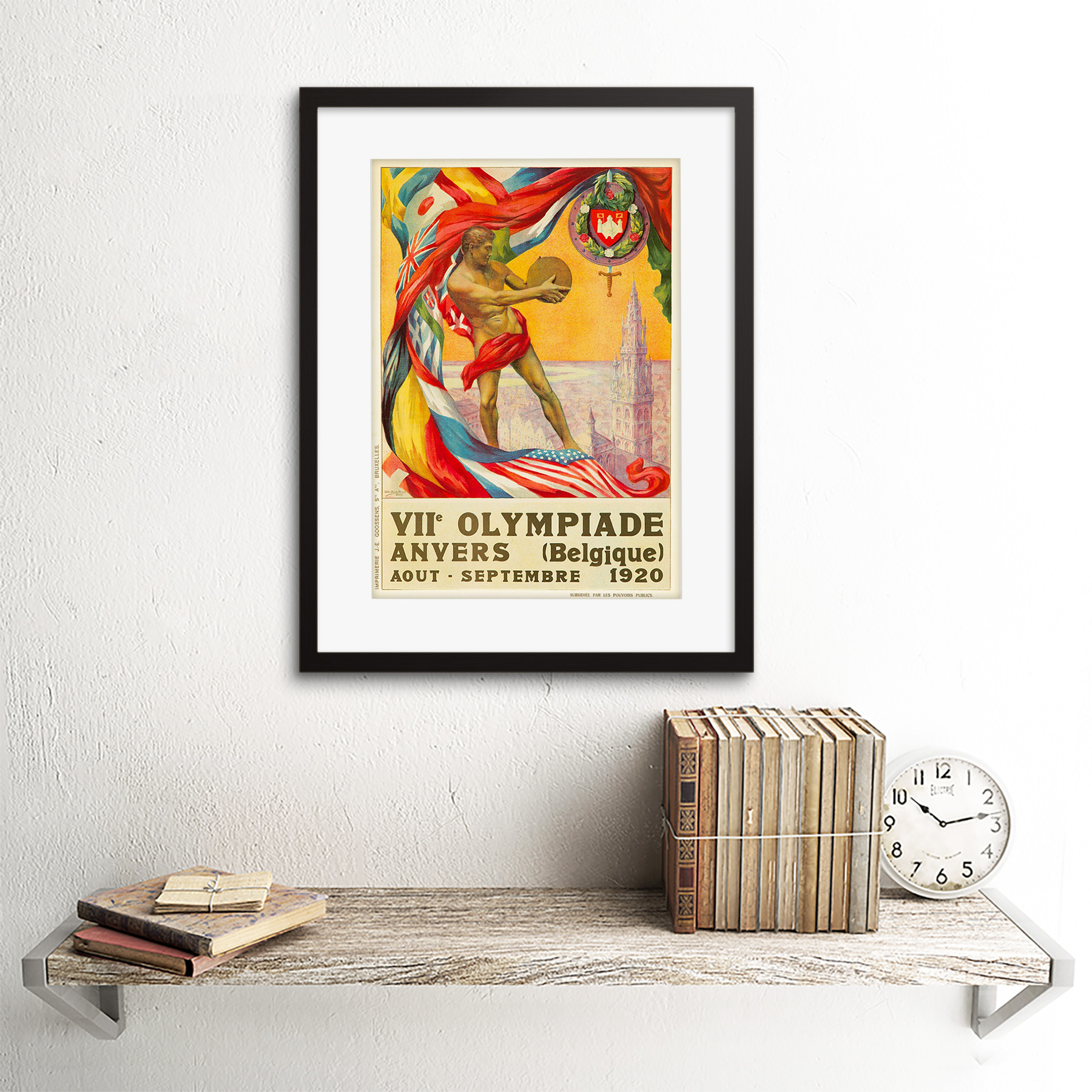Sport ad 1920 Juegos Olímpicos Amberes Bélgica Bandera Discus enmarcado impresión 12x16 pulgadas