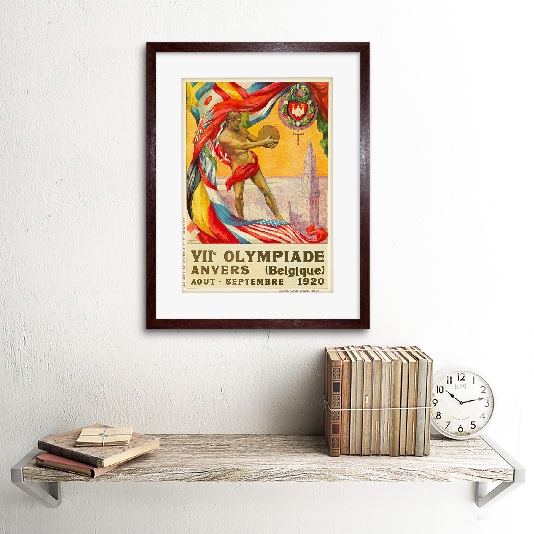 Sport ad 1920 Juegos Olímpicos Amberes Bélgica Bandera Discus enmarcado impresión 12x16 pulgadas