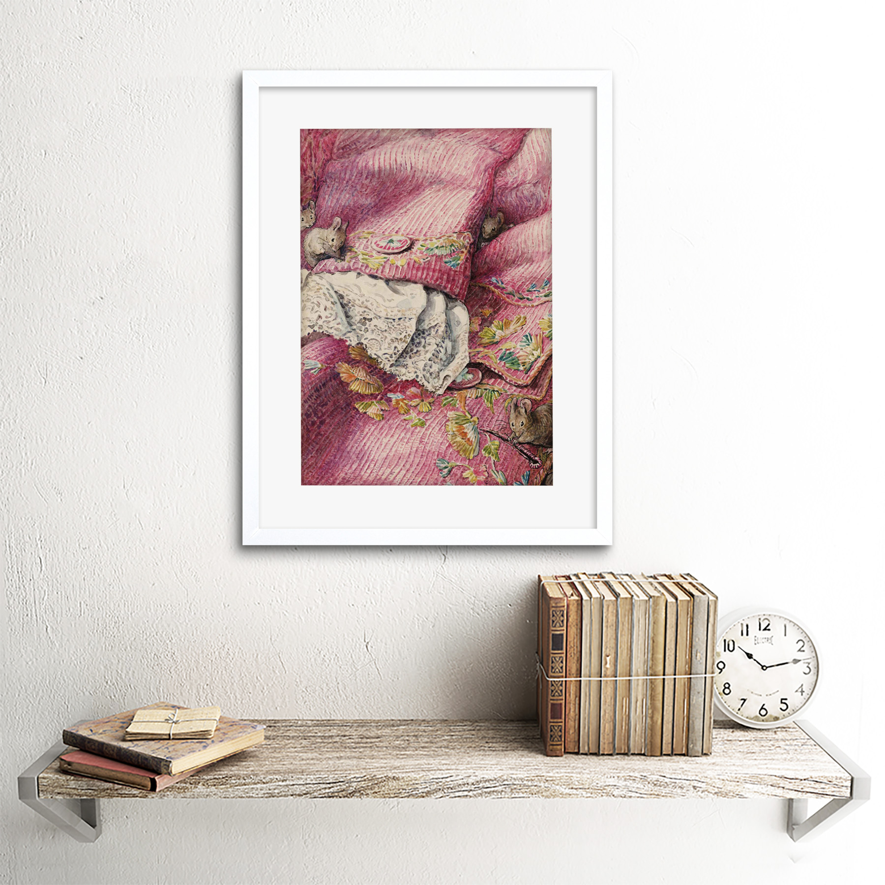 Helen Beatrix Potter los ratones costura botón-agujeros 12x16 pulgadas impresión arte enmarcado