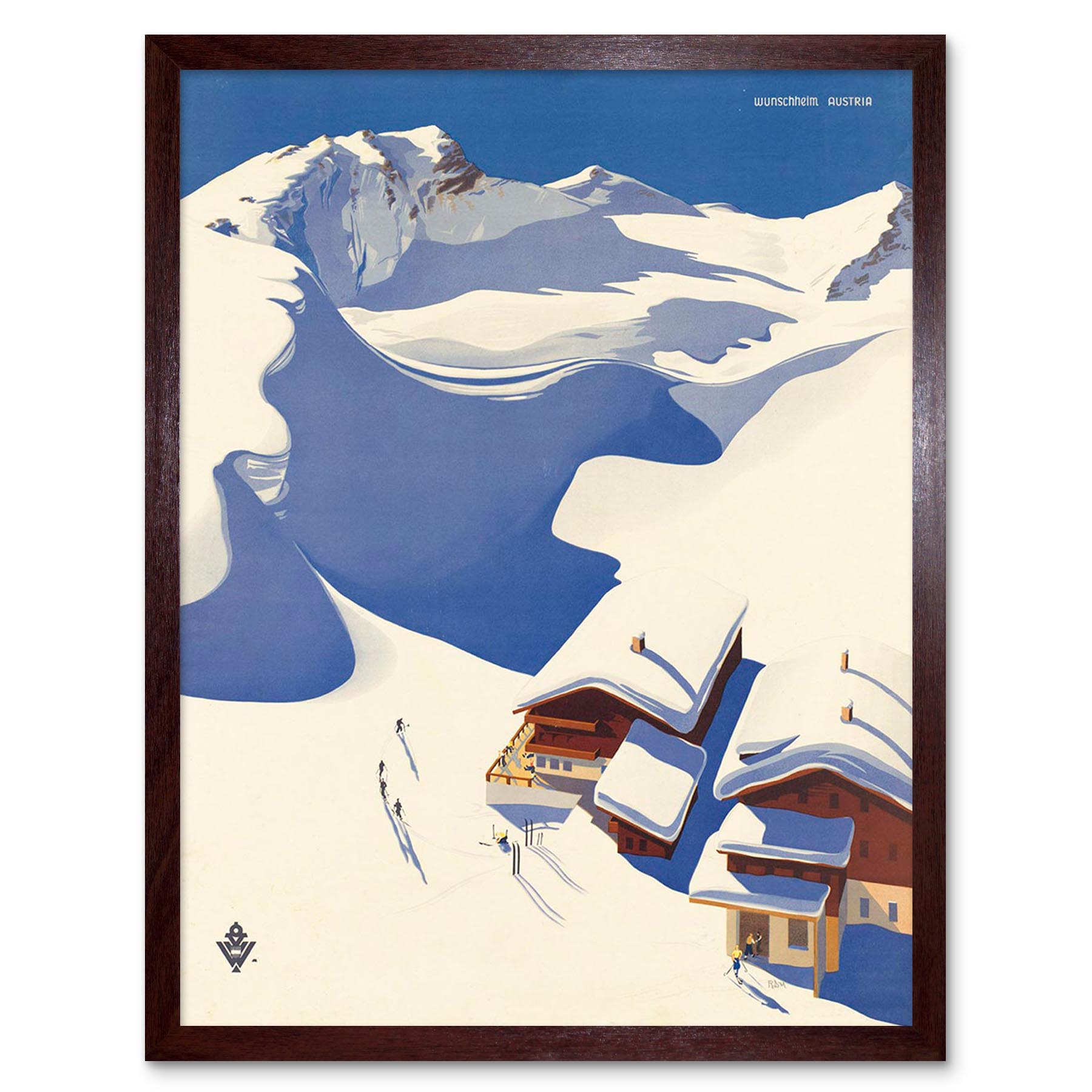 Viaje Deporte de Invierno Nieve Esquí chalet Alpes Austria 12X16 pulgadas impresión arte enmarcado
