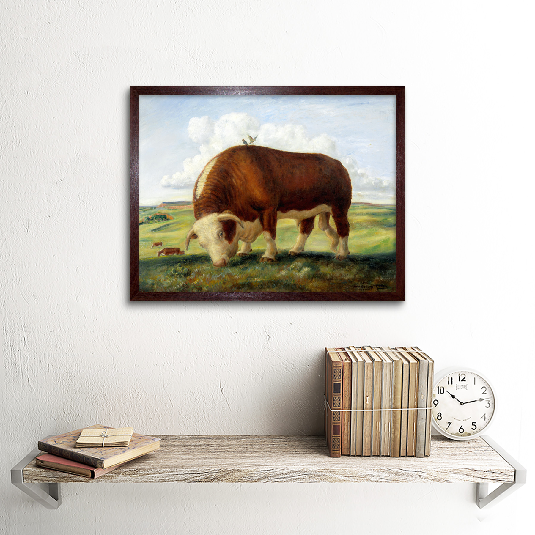 Curry Ajax Hereford Vaca Toro Aves Paisaje Pintura arte impresión enmarcado 12x16
