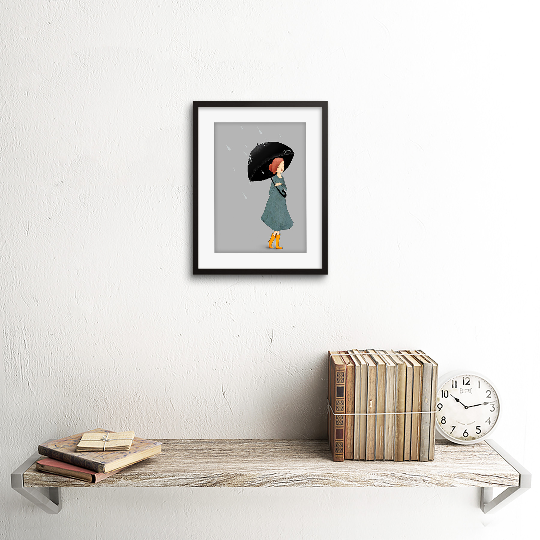 Girl In Rain Illustration Art Print Framed Poster Wall Decor