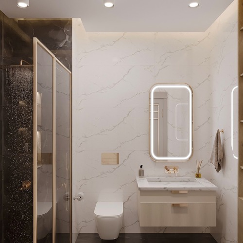 Modernt badrum med dusch och marmordetaljer efter renovering i Stockholm