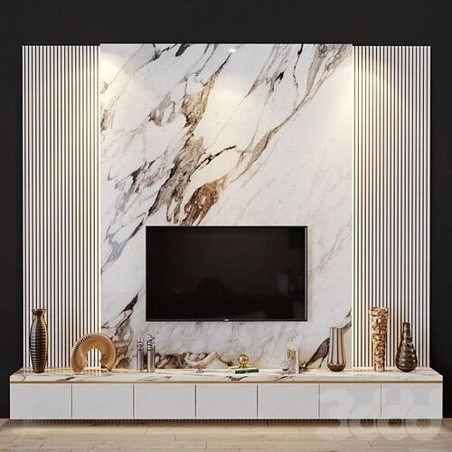 Elegant tv-vägg i vardagsrum med marmordesign och inredningsdetaljer i Stockholm