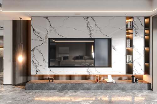 Exklusiv tv-vägg i vardagsrum med marmordetaljer och inbyggd belysning i Stockholm