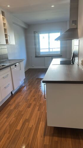 Städat kök med grå bänkskiva, diskmaskin och trägolv