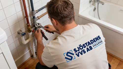 Rörmokare som utför arbete på vattenledningar i badrum