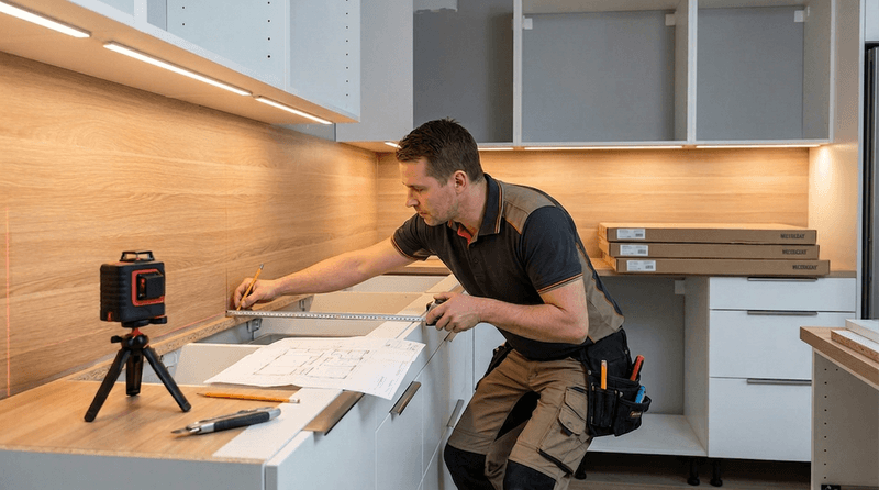 Montör mäter och planerar köksinstallation med lasermätare och ritning