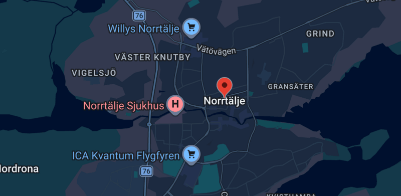 Karta som visar Norrtälje med omgivande landmärken