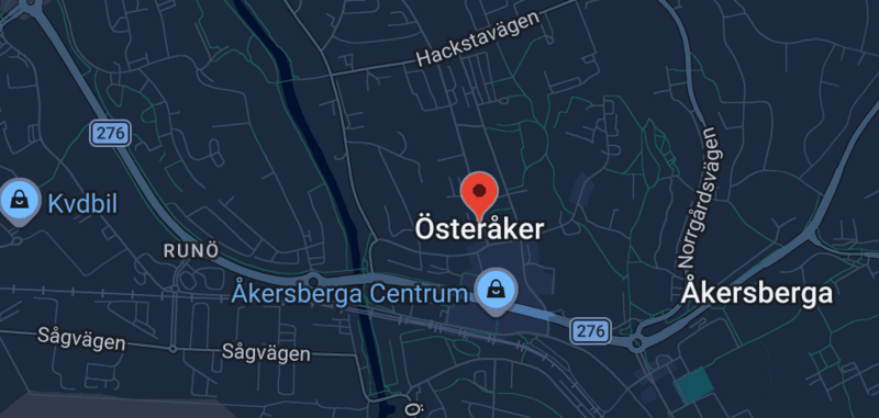 Karta som visar Österåker med omgivande landmärken