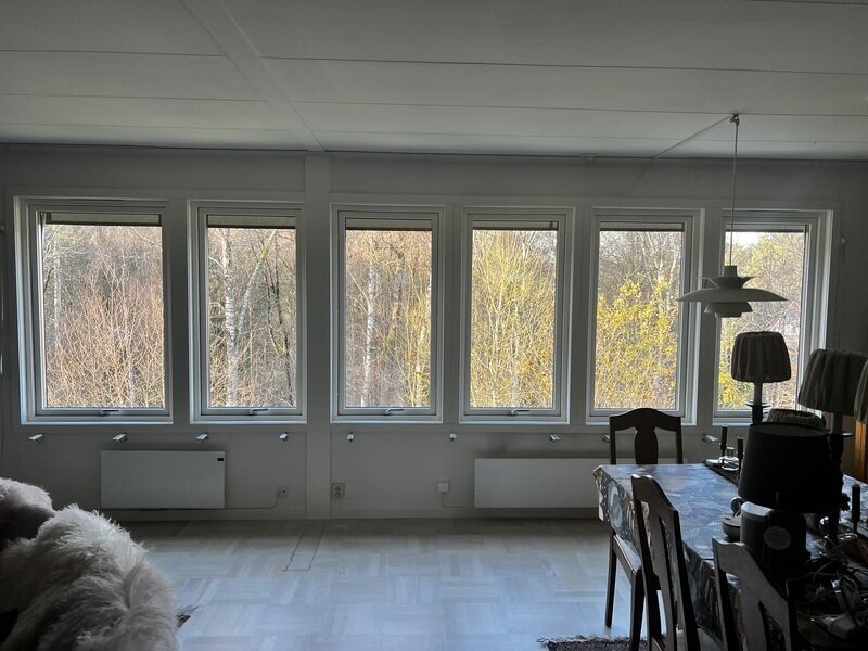 Fem nyinstallerade fönster i rad med vita karmar och utsikt mot lövskog i vardagsrum