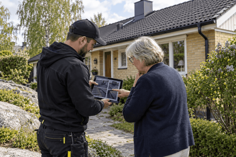 Takläggare visar en villaägare bilder från takinspektionen på en surfplatta.