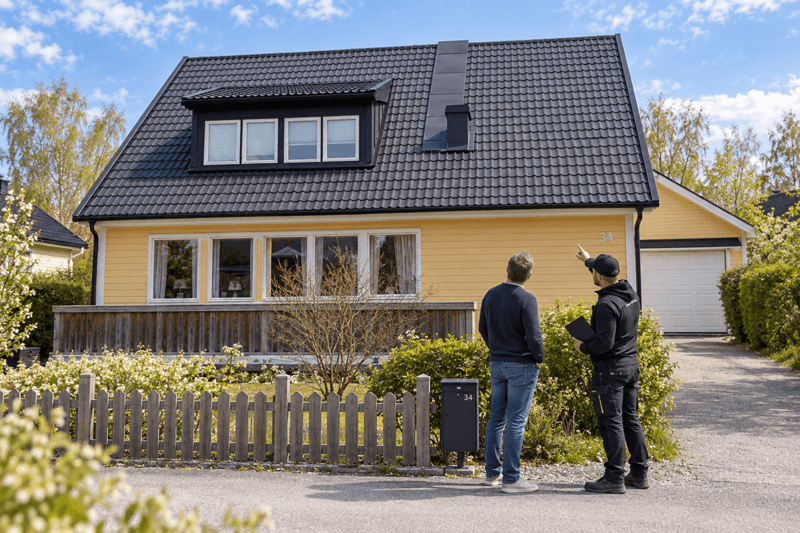 Villaägare och takläggare granskar det färdiglagda svarta taket på en gul villa.