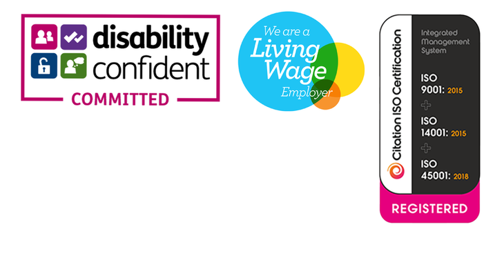 Three accreditation badges, one for disability confident employer, one for London Living Wage and another for three ISO accreditations