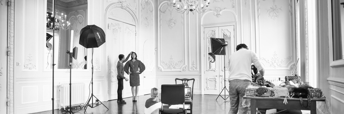 A black and white photo of a photoshoot set-up