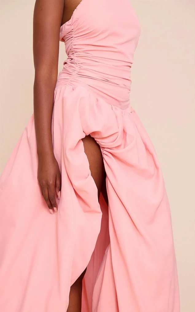 bandeau ruched ruffle trim maxi dress in blush Marisyn Tiered Frill Maxi Dress Floral Blush