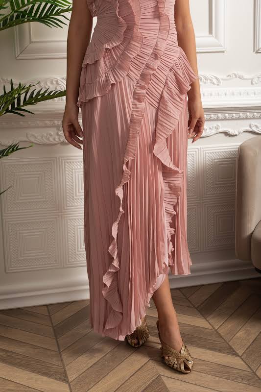 Aisle-3 Cascading Ruffle Details Pleated Halter Midi Dress