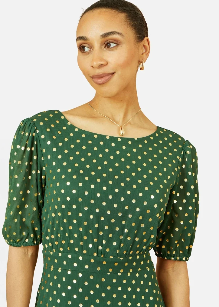 metallic green dress Anewsta Women's Elegant Olive Stand Collar Fabric Long Flared Dress,Puff Sleeves,Diamond Button Decor Formal Gown For Autumn Dining Events embroidered lace look
