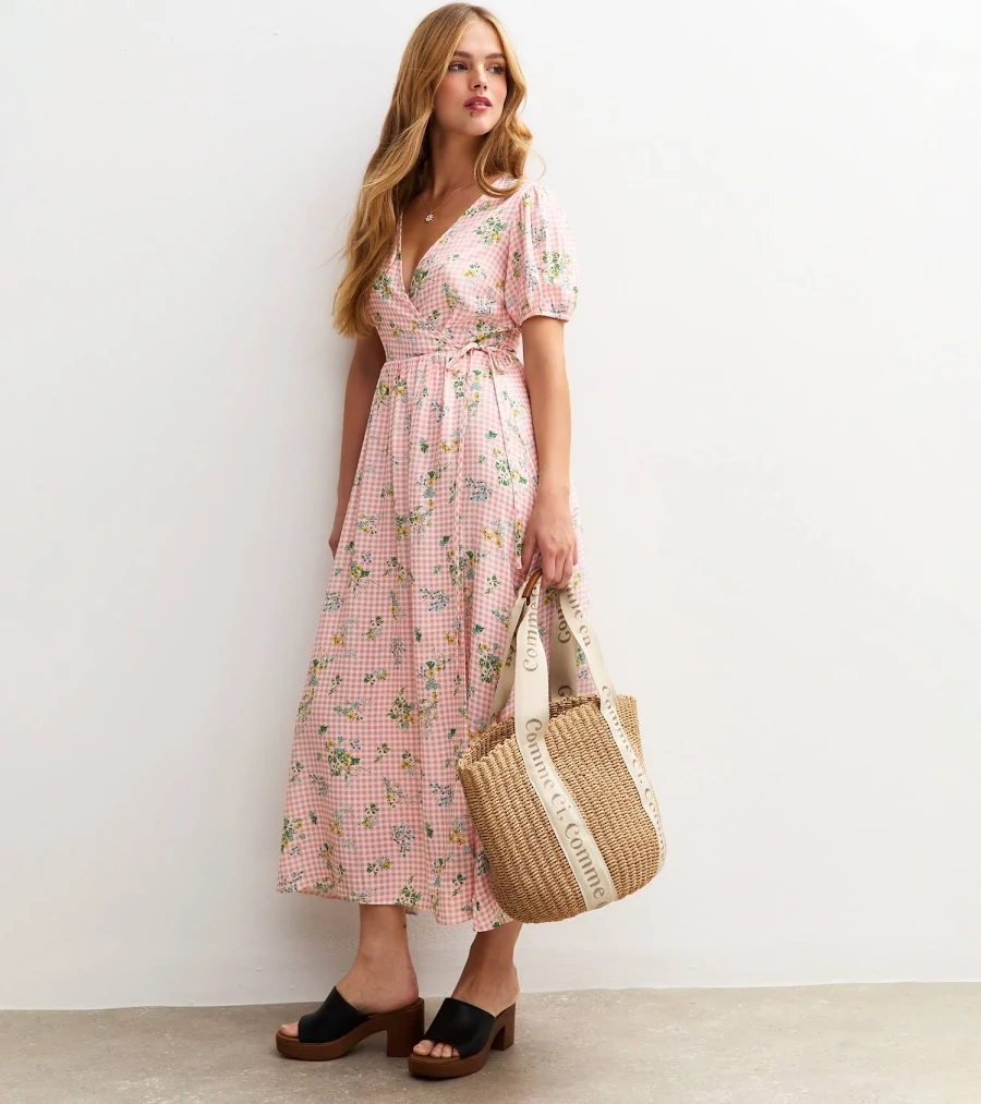 new look gingham midi dress Green Gingham Print Wrap Tie Midi Dress