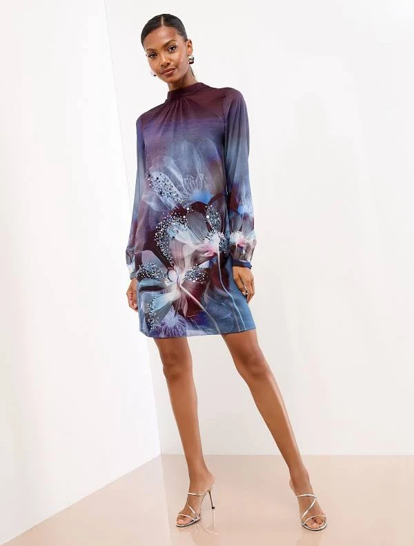 lipsy embroidered shift dress Aisle-3 Lipsy Women's Petite Mini Embellished Floral Long Sleeve Shift Dress
