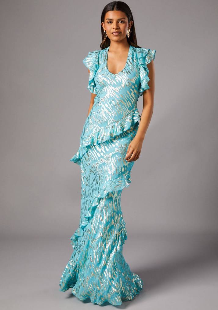 Aisle-3 Coast Women's Petite Metallic Jacquard Frill Midi Dress