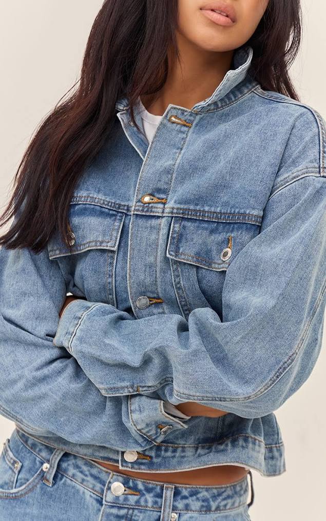 ジャケット・アウター LINEN DENIM PLEATED BLOUSE MIDDLE WASH Aisle-3 Women's Mid Blue Wash Pleated Cinch Back Denim Jacket