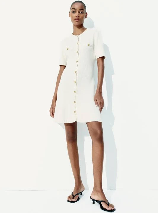 rib knit button front dress h&m Women's Cream Rib-knit button-front dress