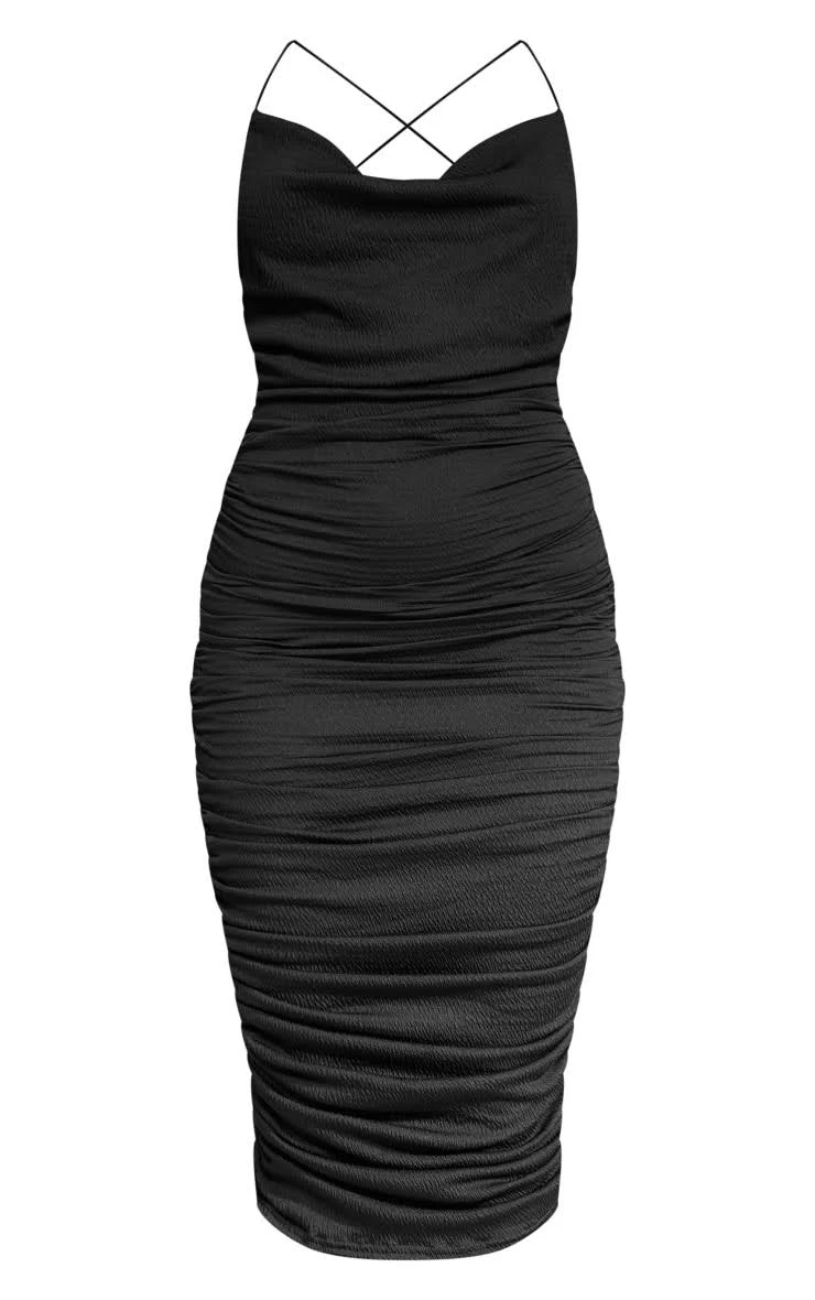 black crinkle texture ruched cowl neck midi dress Women's Black Crinkle Texture Ruched Cowl Neck Midi Dress