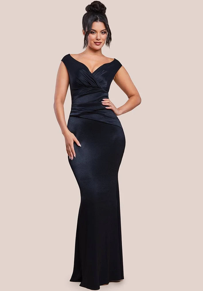 Aisle-3 Goddiva Women's Satin Off-The Shoulder Maxi Dress