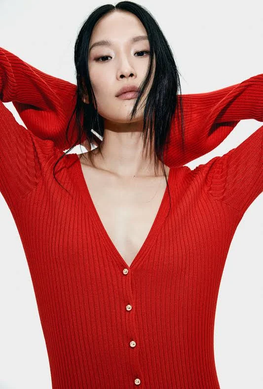 h&m rib knit button front dress Women's Black Rib-knit Button-front Dress