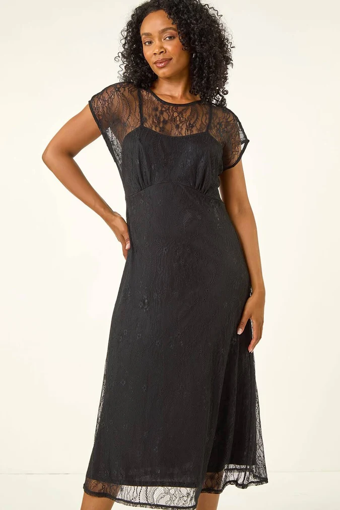 knee length dresses for ladies Aurelia Lace Trim Maxi Dress in Black | OMNES | Ethical & Affordable  Clothing main image 1