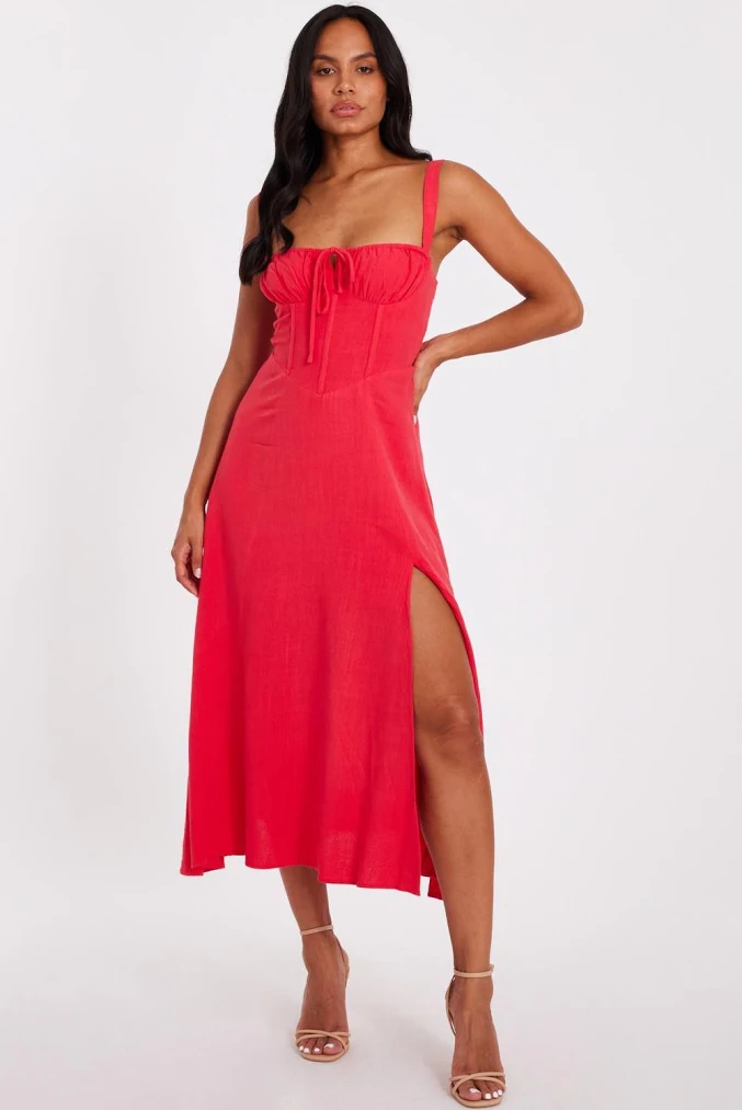quiz corset dress Quiz Dark Red Satin Corset Midi Dress