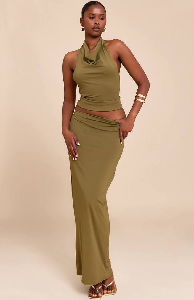 Aisle-3 Women's Olive Matte Sculpt Halterneck Backless Top
