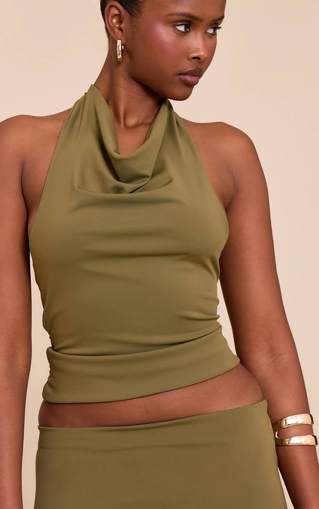 【TODAYFUL】 Halterneck Apron Tops - Olive Aisle-3 Women's Olive Matte Sculpt Halterneck Backless Top