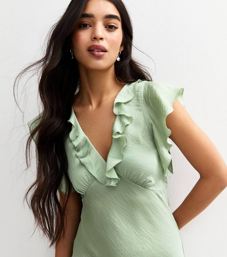 new look ruffle sleeve satin midi dress Light Green Satin Ruffled Midi Dress
