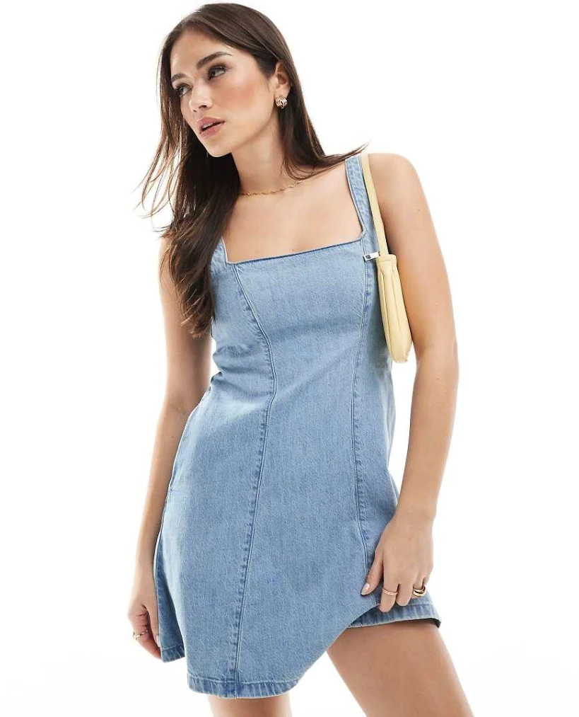 denim dress hollister Aisle-3 Hollister square neck tie back structured mini dress in denim