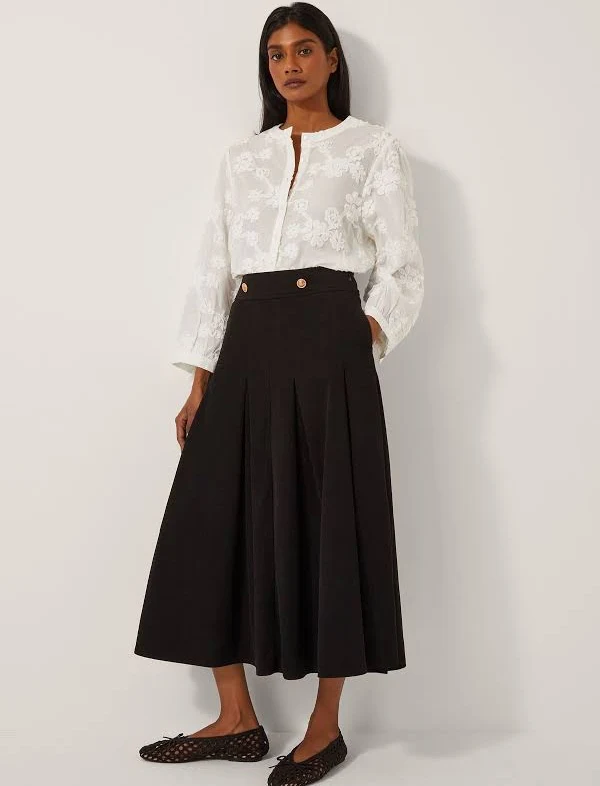 y414185　レディース　BLK M Black Corduroy Button-Front Midi Skirt | Modest Women Clothing