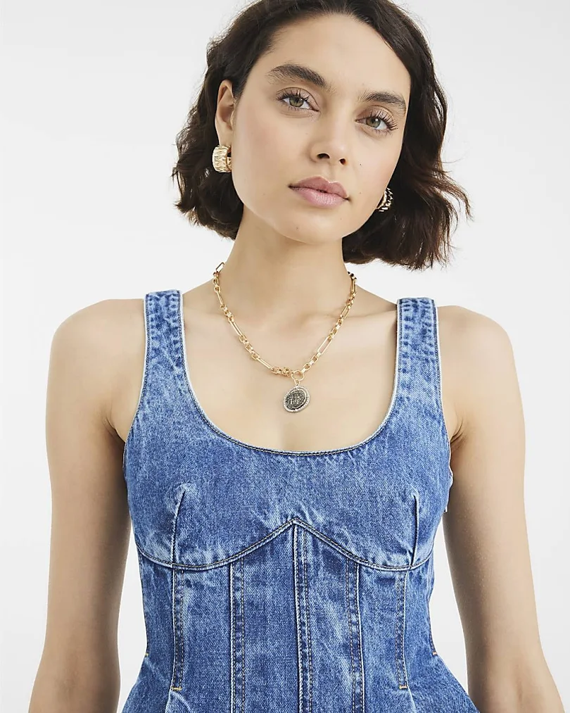 river island blue denim sleeveless seamed mini shift dress Blue Denim Sleeveless Corset Mini Shift Dress