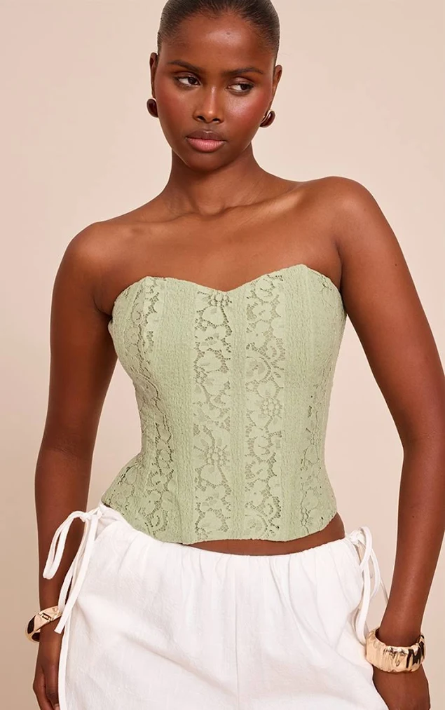 Aisle-3 Women's Sage Green Lace Boned Bandeau Corset Top