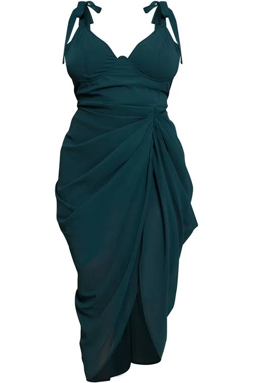 emerald green floral underwire detail draped midi dress Women's Plus Emerald Green Underwire Detail Draped Midi Dress