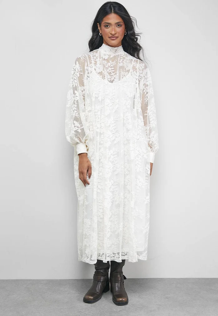 Aisle-3 Warehouse Women's Lace High Neck Smock Midi Dress