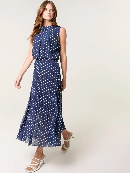 blue vanilla polka dot dress Aisle-3 Blue Vanilla Polka Dot Sleeveless Cowl Pleat Dress
