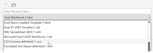 Selecting the "CSV (Comma delineated) (*.csv)" option from the "Save As" menu