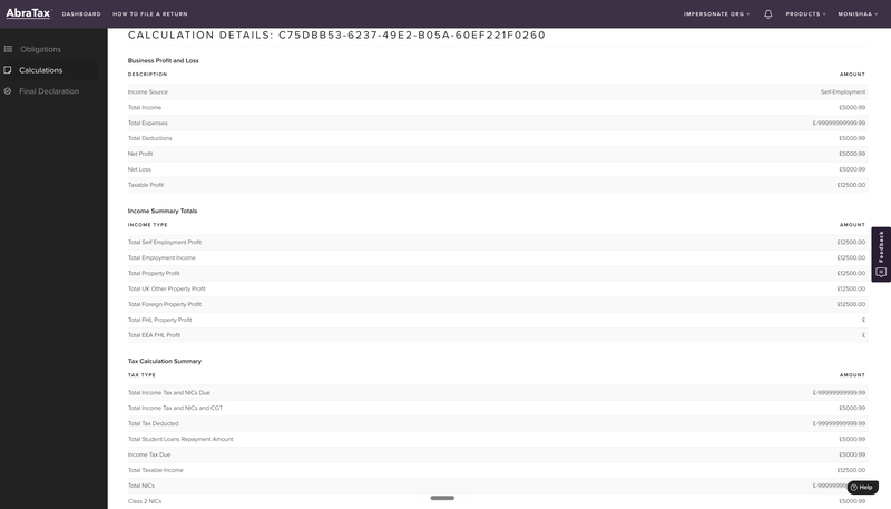 Screenshot of the AbraTax Calculations tab showing a live MTD Income Tax estimate — business profit and loss, income summary totals, and tax calculation summary including income tax and NICs due, updated after each quarterly submission.