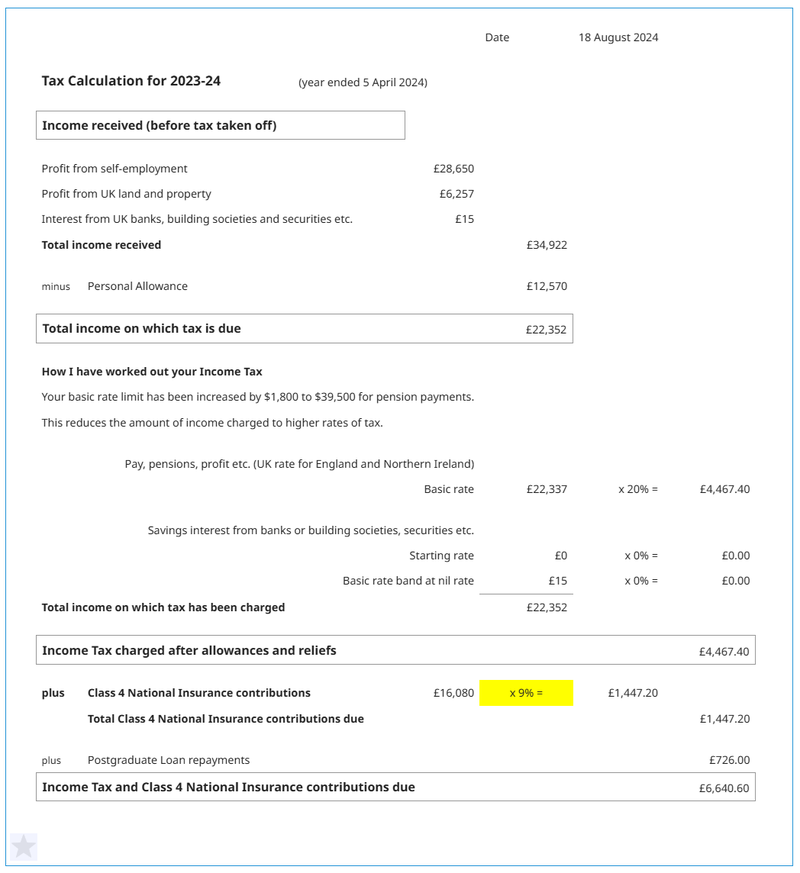 Screenshot of an example detailed tax breakdown