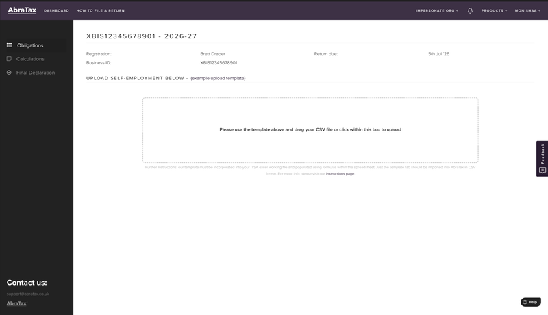 Screenshot of the AbraTax submission screen for an MTD Income Tax quarterly update — showing the self-employment CSV template upload box, business ID, and return due date, before submitting directly to HMRC.