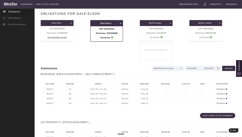 The image shows AbraTax's MTD IT dashboard for self-filers.