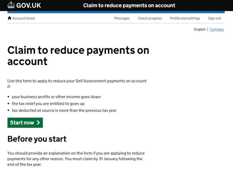 HMRC (gov.uk) page titled "Claim to reduce payments on account"